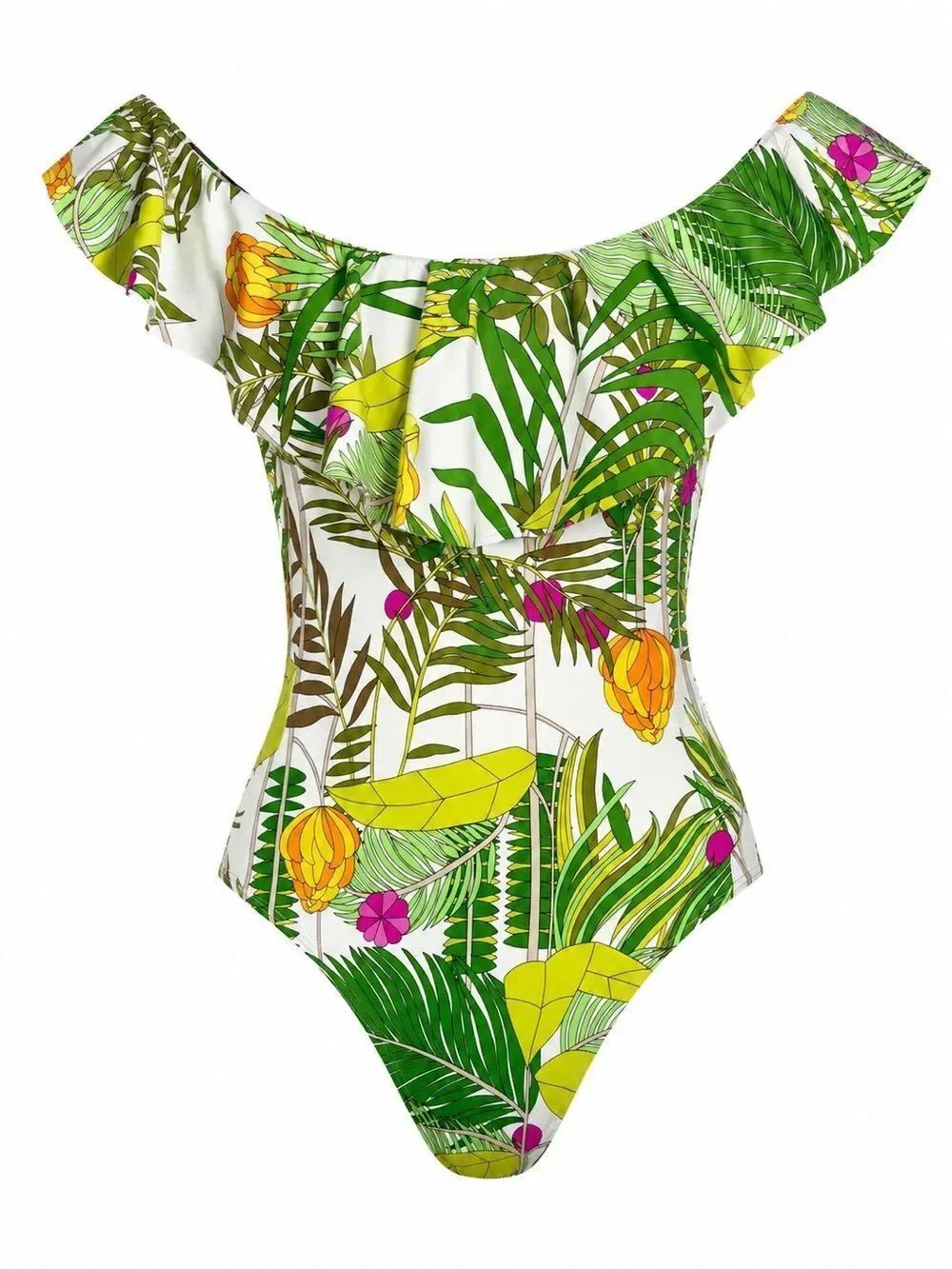 Trina Turk Tropical One Piece Swimsuit Ruffle Neck Off Shoulder Size 6